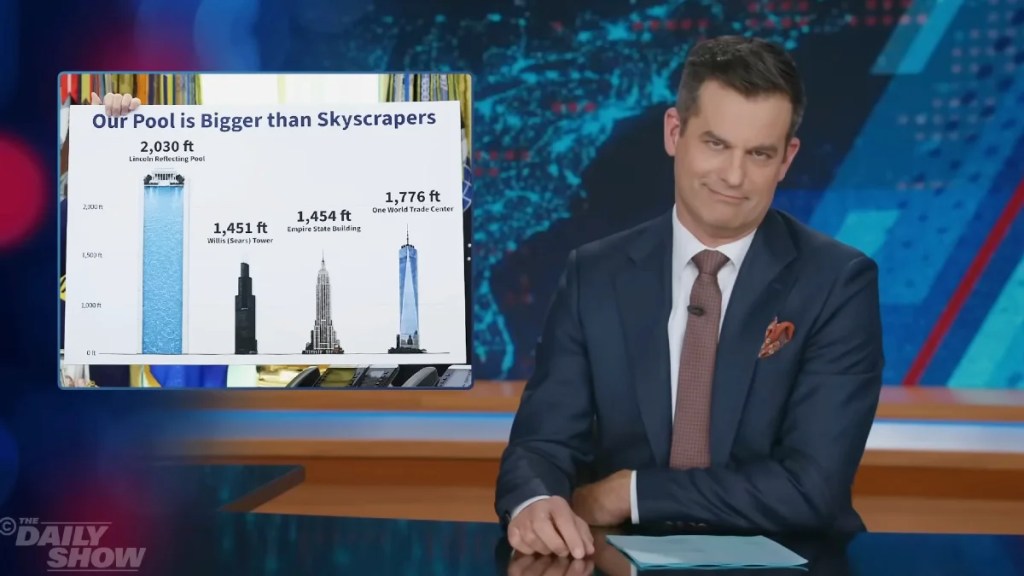 Программа «The Daily Show» высмеивает диаграмму Трампа, изображающую бассейн с отражающей поверхностью и небоскребы: «Совершенно разные вещи» | Видео