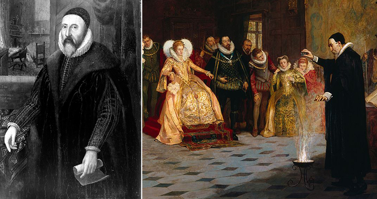 John Dee führt vor Königin Elisabeth I. ein Experiment durch. John Dee, John Dee führt ein Experiment vor Königin Elisabeth I. durch